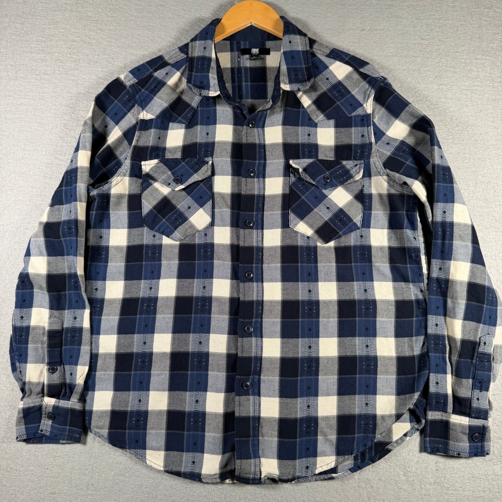 Frye Womens Blue White Plaid Dobby Cotton Western Button Down Shirt Large 13752